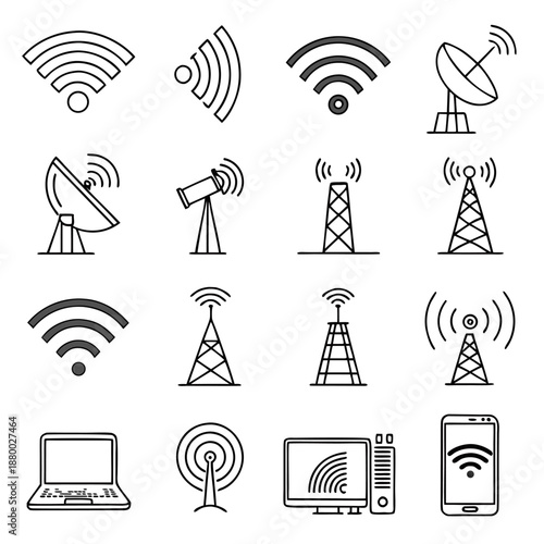 Wireless communication icons in a clean line art style on a white background for technology and connectivity themes