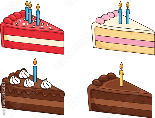 Delicious Slices of Birthday Cake Collection Featuring Red Velvet, Chocolate and Vanilla Flavors with Lit Candles, Cartoon Vector Illustration Set Isolated on White Background