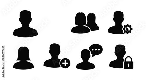 A collection of simple black human head silhouettes alongside icons representing various user account features and settings silhouette high quality professional