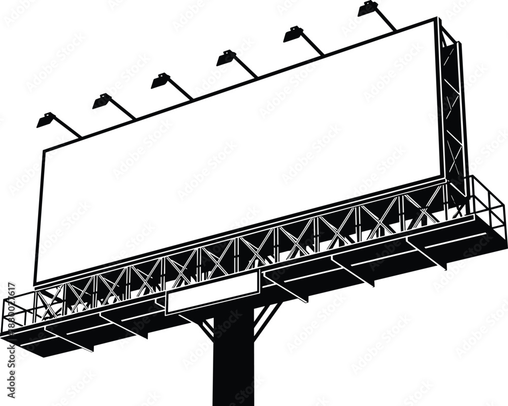 Obraz premium Large blank outdoor billboard silhouette mockup with lighting lamps isolated on white background, commercial advertising structure for marketing and promotional message display concept.