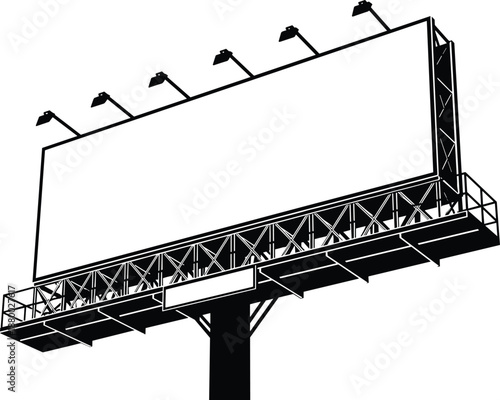 Large blank outdoor billboard silhouette mockup with lighting lamps isolated on white background, commercial advertising structure for marketing and promotional message display concept.