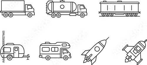 Set of transportation and logistics icons featuring heavy duty cargo trucks, fuel tankers, railway freight wagons, recreational vehicles, camper trailers, and space rocket shuttle symbols.