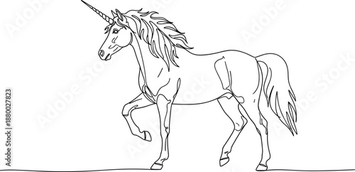 Minimalist One Line Drawing of a Majestic Unicorn Walking Illustration Isolated on White Background for Fantasy Mythology Coloring Book and Magical Vector Art Concept
