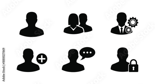 A collection of six minimalist human figures depicted in solid black along with associated icons representing roles and concepts silhouette