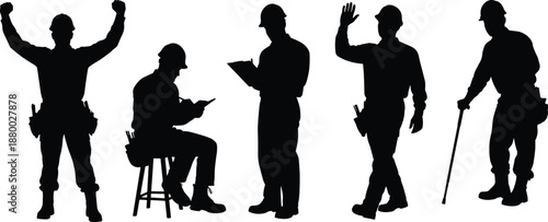 Professional Construction Worker Silhouettes Set Featuring Foreman and Builders in Hard Hats with Tools Isolated on White Background for Industrial Labor Project Graphic Design