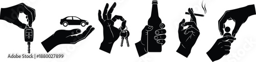 Hands holding car keys, bottle, cigarette, and toy figures silhouette set, human gestures collection, lifestyle and bad habits icons, isolated vector illustration.