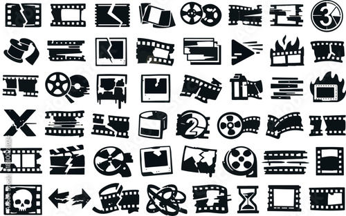 Abstract black cinema icons set with broken film strips, damaged movie reels and vintage cinematic elements