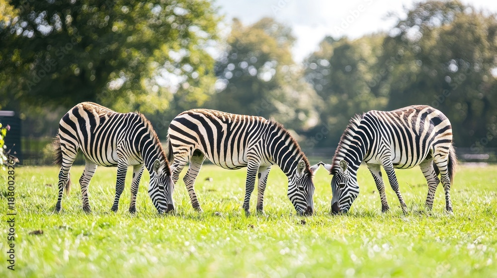 Fototapeta premium A group of zebras grazing in a grassy field