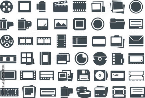 Abstract black multimedia icons set with film strips, photo frames and data storage elements