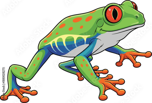 Colorful red-eyed tree frog illustration, tropical amphibian cartoon character, vibrant wildlife design isolated on white background