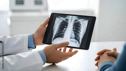 Doctor showing patient chest xray on digital tablet in medical office with white background