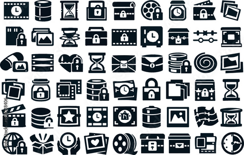 Abstract black icons set with folder, lock, security, time and multimedia data elements