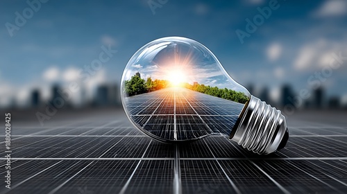 A light bulb is shown in a glass, with a reflection of a city in the background. The light bulb is surrounded by a solar panel, which suggests that it is a sustainable and eco-friendly light source