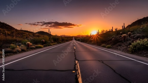 Arizona Desert Highway at Sunset with Cacti and Sunburst