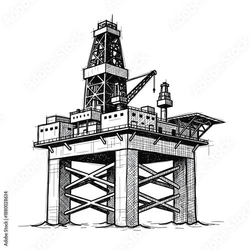 Illustration of an offshore oil rig, a large industrial structure for extracting petroleum from the seabed, in the ocean.