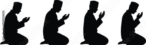Muslim man silhouette collection, Islamic prayer positions set, male person praying dua, religious worship icons, spiritual devotion illustrations, isolated on white background, vector graphics