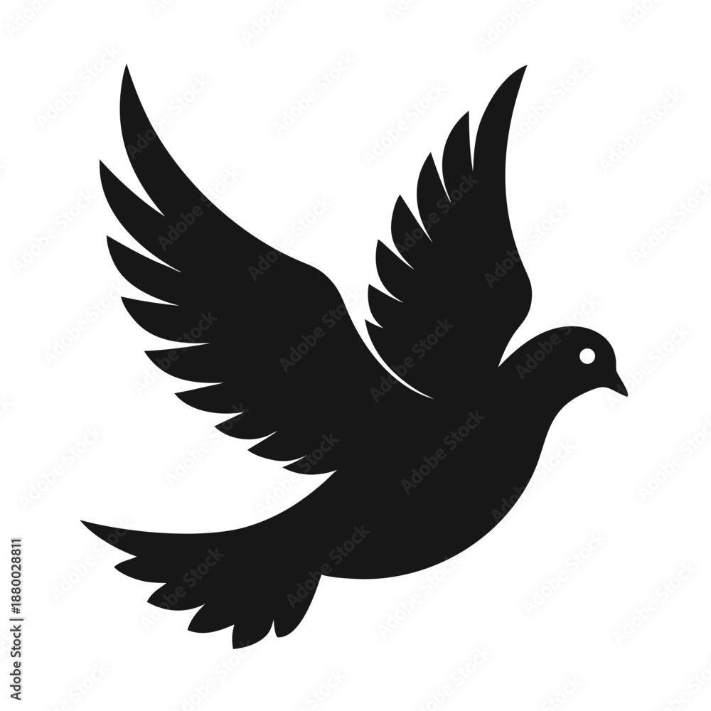 Obraz premium Silhouette dove in flight with spread wings in black and white graphic style for peace and freedom symbol.