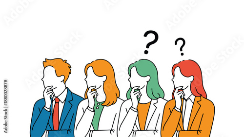 four people thinking with question marks above heads