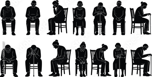 Set of silhouettes featuring elderly men and women sitting on chairs, senior citizens with walking sticks expressing loneliness, aging and geriatric care concepts,