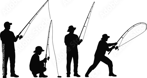 Set of silhouettes featuring men fishing in various poses, male fishermen holding fishing rods and catching fish, outdoor hobby and professional angling concept,