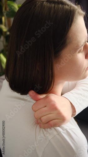 Wallpaper Mural Tired unhappy young woman massaging hurt stiff neck sitting alone on sofa, fatigued sad female rubbing tensed muscles to relieve joint shoulder pain, fibromyalgia concept Torontodigital.ca