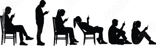 Set of silhouettes featuring young men and women using smartphones while sitting and standing, people addicted to mobile technology and social media