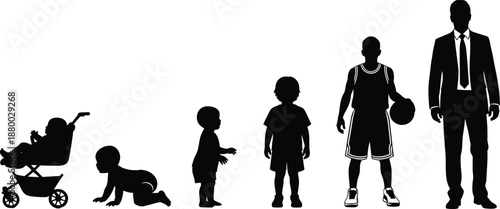Silhouette collection of a man lifecycle from baby in stroller to businessman, male growth stages featuring childhood, basketball player, and professional career,