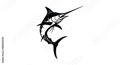 A striking black and white depiction of a marlin leaping from the water showcasing its powerful form and unique billfish silhouette