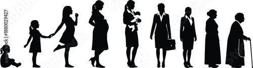 Silhouette collection of a woman lifecycle from baby to elderly lady, female aging process stages featuring pregnancy, motherhood, career, and senior retirement,