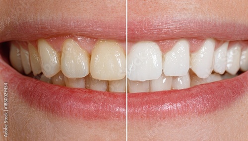 Split image comparing discolored teeth to bright white, polished teeth