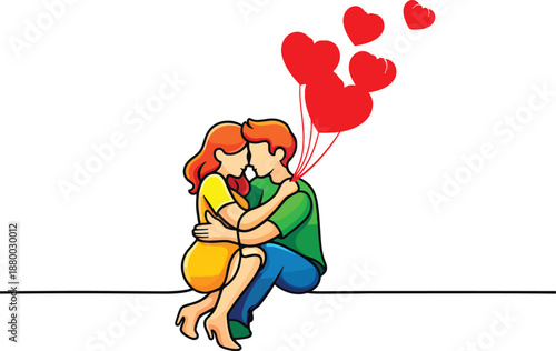 couple sitting and kissing with red heart balloons