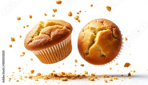 Two golden brown muffins floating with sweet cake crumbs isolated on a white background
