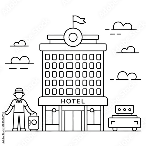 Hotel bellhop stands ready with luggage outside a large building entrance signifying travel service.