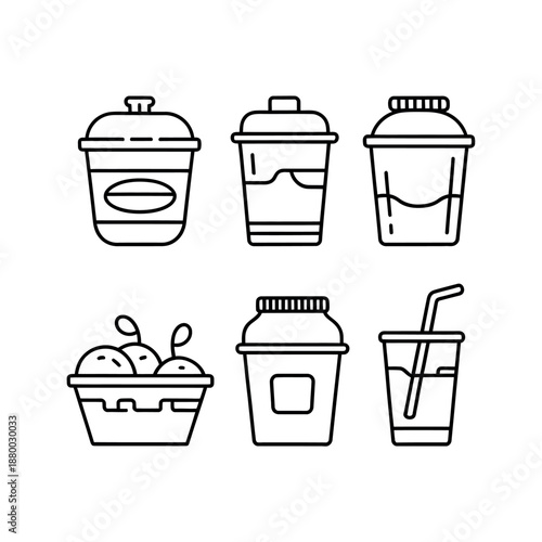 Collection of various outline icons representing takeaway beverages and fruit containers for ordering.