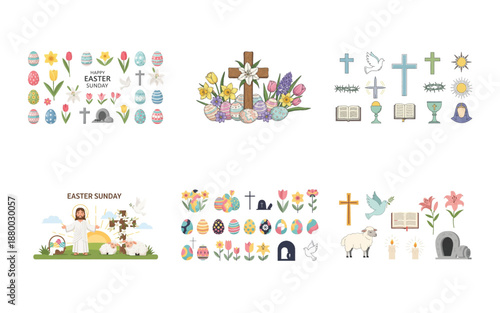 Colorful Easter Sunday religious and floral with crosses and eggs religious symbols