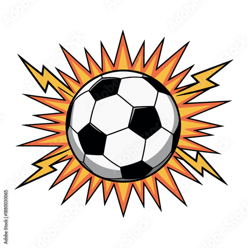 Soccer ball explodes with energy, power, and dynamic lightning bolts in a comic style.