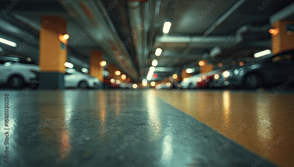 Fototapeta premium Blurred view of parked cars in a brightly lit underground garage