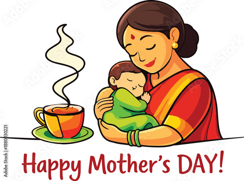 mother holding sleeping baby next to cup of tea