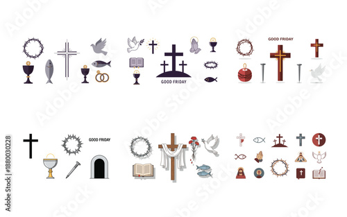 Collection of religious symbols and for Good Friday cross crown of thorns