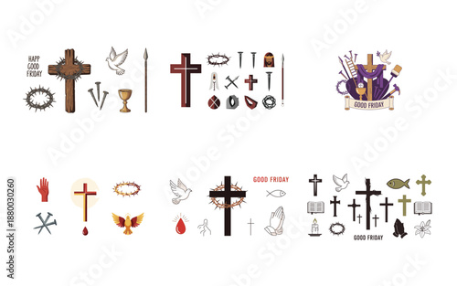 Collection of religious symbols and for Good Friday crosses crown of thorns