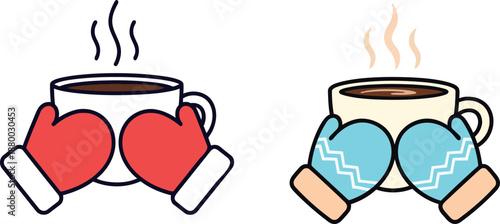 Hot Coffee Cups Held by Cute Winter Mittens – Cozy Warm Drink Vector Illustration
