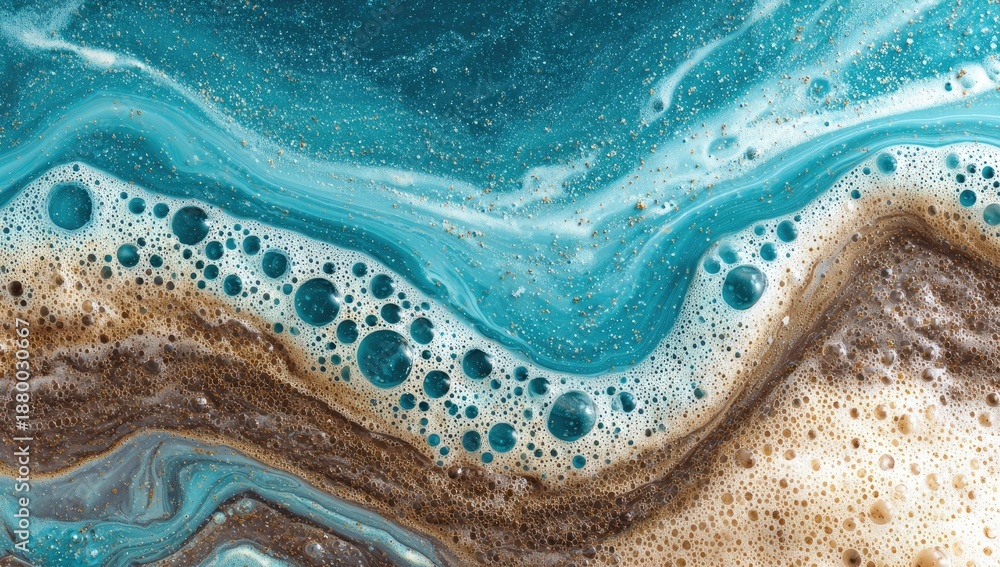 Obraz premium Swirling abstract of turquoise, brown, and white liquid with small bubbles