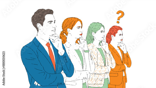 group of business people thinking and pondering with question mark