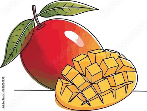 Vibrant illustration of a whole ripe red and orange mango resting beside a perfectly scored and cubed half showing its bright golden yellow flesh ready for eating or tropical recipes design element
