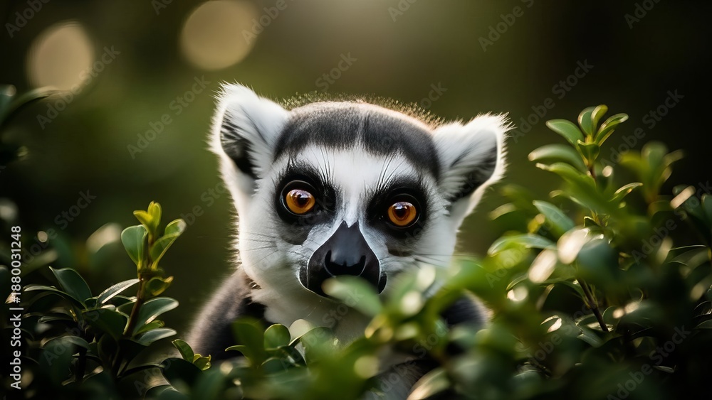 Fototapeta premium Curious ring-tailed lemur peeking through lush green foliage in soft sunlight
