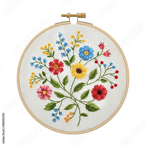 Embroidery hoop with colorful floral embroidery design featuring vibrant red, blue, and yellow flowers on white fabric on transparent background. on transparent background