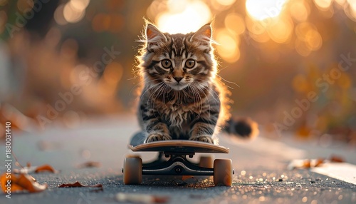 Adventurous Fluffy Cat Riding a Skateboard on a Sunny Autumn Path