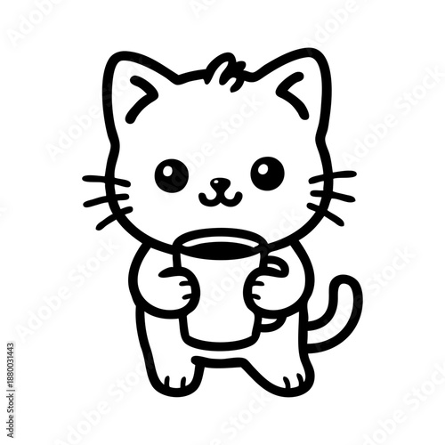Logo cafetería. Dibujo sencillo con líneas de un gato simpático de pie con una taza de café caliente