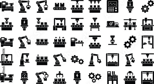 Industrial automation icons set with robotic arms, conveyor belts, CNC machines, gears, factory equipment, manufacturing processes, engineering tools