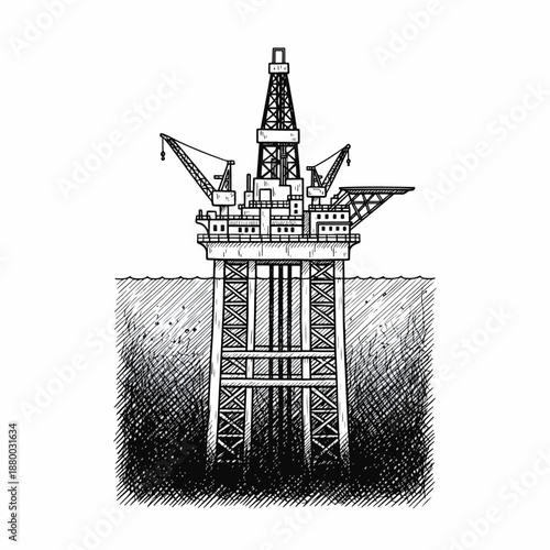Hand-drawn illustration of an oil rig platform in the ocean, showing drilling equipment and submerged legs.